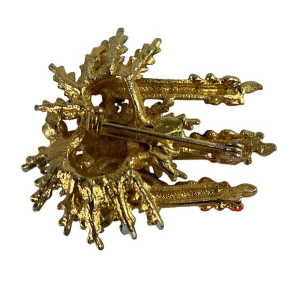 Triple Christmas Candle Brooch Lapel Pin Multicolor Rhinestones w/Greenery - Picture 9 of 12